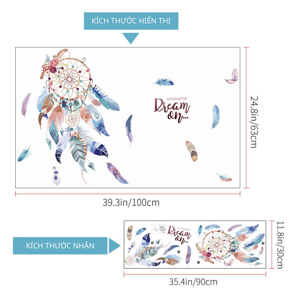 Decal Dán Tường Dreamcatcher Lông Vũ Có Keo Sẵn 100x63cm - Trang Trí Phòng Ngủ Phòng Khách
