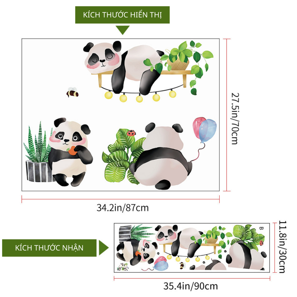 Decal Dán Tường Gấu Trúc Vui Chơi Đáng Yêu Có Keo Sẵn 87x71cm - Trang Trí Phòng Cho Bé