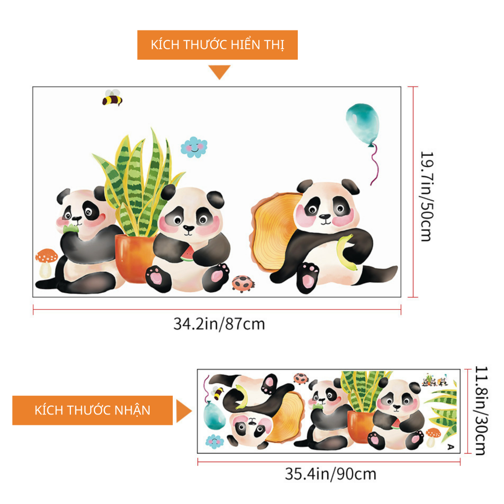 Decal Dán Tường Gấu Trúc Panda Dễ Thương Có Keo Sẵn 87x50cm – Trang Trí Phòng Ngủ Cho Bé