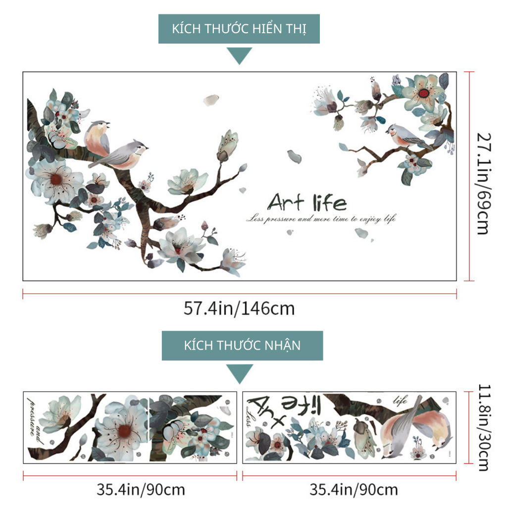 Decal Dán Tường Hoa Lá Mùa Xuân Có Keo Sẵn 146x69cm - Trang Trí Phòng Khách Phong Cách Sang Trọng