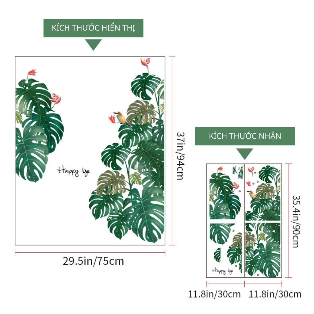 Decal Dán Tường Lá Cây Nhiệt Đới Monstera Có Keo Sẵn 75x94cm - Trang Trí Tường Phong Cách Tropical