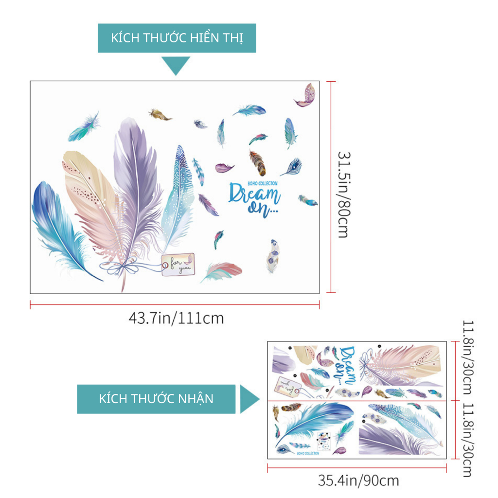 Decal Dán Tường Lông Vũ Dream On Có Keo Sẵn 111x80cm - Trang Trí Phòng Theo Phong Cách Bắc Âu