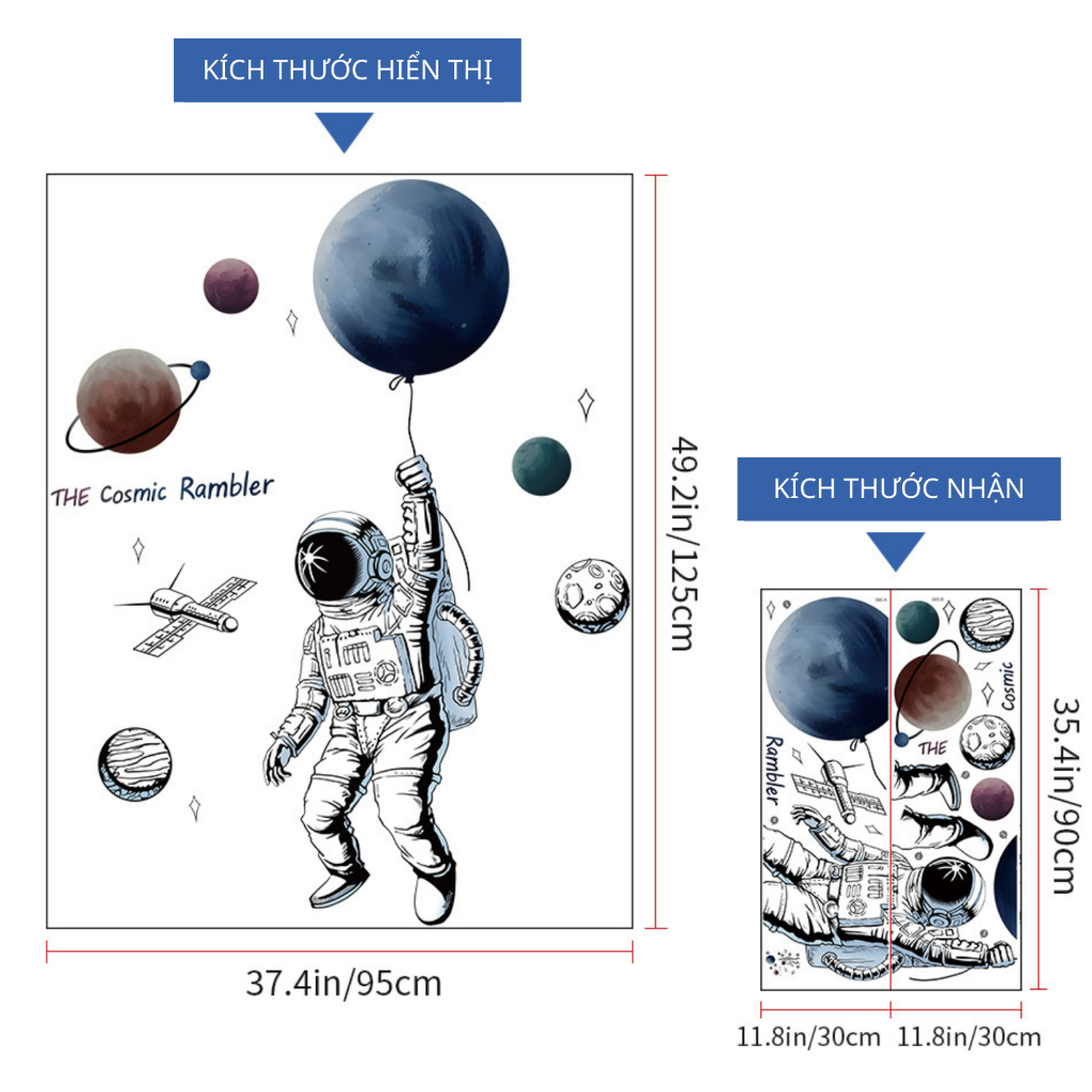 Decal Dán Tường Phi Hành Gia Du Hành Vũ Trụ Có Keo Sẵn 95x125cm - Trang Trí Phòng Bé