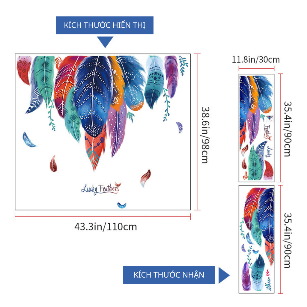 Decal Dán Tường Lông Vũ Lucky Feathers Có Keo Sẵn 110x98cm -  Trang Trí Phòng Khách Quán Cafe