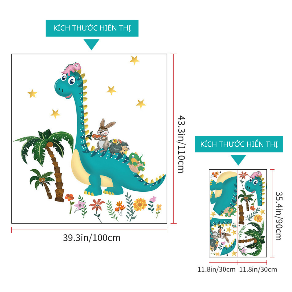 Decal Dán Tường Hình Khủng Long Cùng Thú Rừng Có Keo Sẵn 100x110cm - Trang Trí Phòng Cho Bé