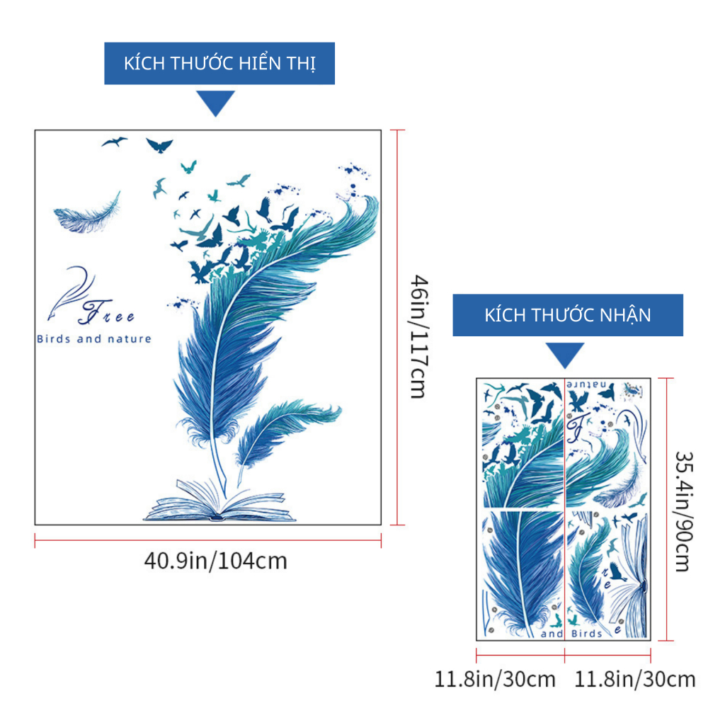 Decal Dán Tường Lông Vũ Nghệ Thuật Có Keo Sẵn 104x117cm - Trang Trí Phòng Ngủ Phòng Khách