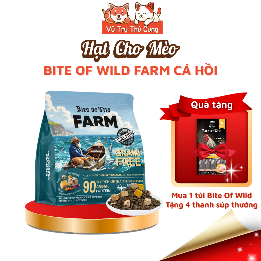 Thức Ăn Hạt Cho Mèo Bite Of Wild Farm 1,5kg Vị Cá Hồi, Mượt Lông Da, Không Ngũ Côc, Topping Thịt Sấy