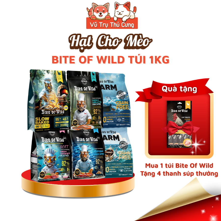 (Mua 1 Tặng 4) Hạt Cho Mèo Bite Of Wild 1Kg Cao Cấp Giàu Đạm, Không Độn Ngũ Cốc-Nhiều Thịt