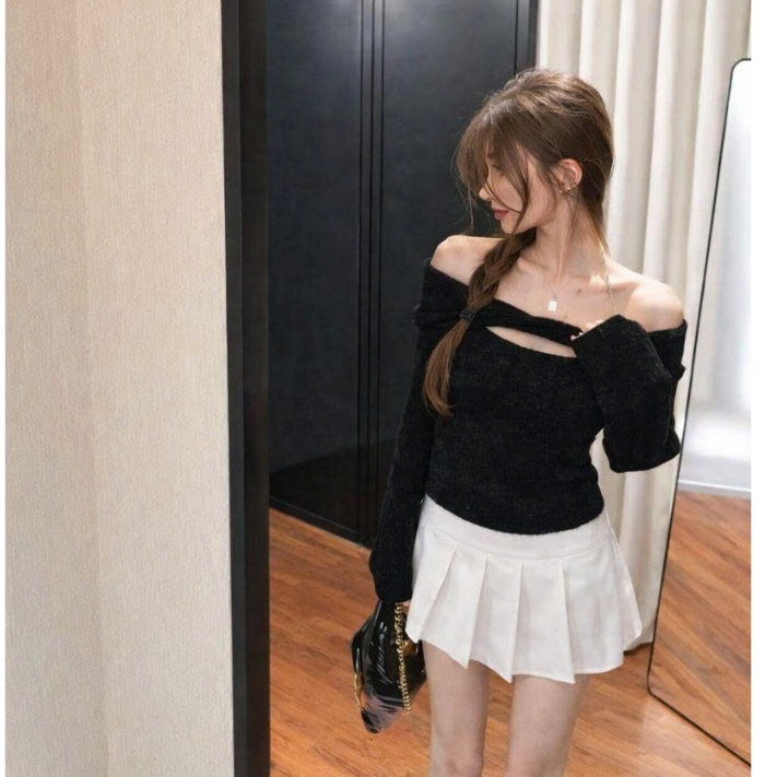 [CÓ SIZE] Áo Thun Trễ Vai Dài Tay Phối Dây Buộc Cổ RANSHI Xoắn Ngực Ôm Dáng Chất Len Lông Thỏ Mềm Ấm - RA352