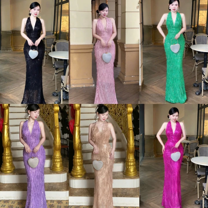 Đầm Dạ Hội Kim Sa Tua Rua Co Giãn Trẻ Trung, Váy Kim Sa Trung Niên Đi Tiệc Đi Sự Kiện Bigsize M116