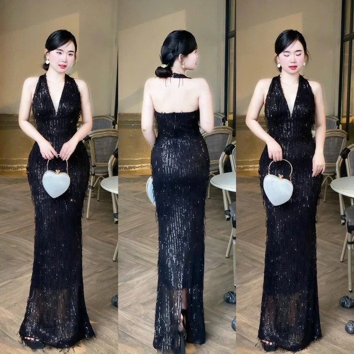 Đầm Dạ Hội Kim Sa Tua Rua Co Giãn Trẻ Trung, Váy Kim Sa Trung Niên Đi Tiệc Đi Sự Kiện Bigsize M116