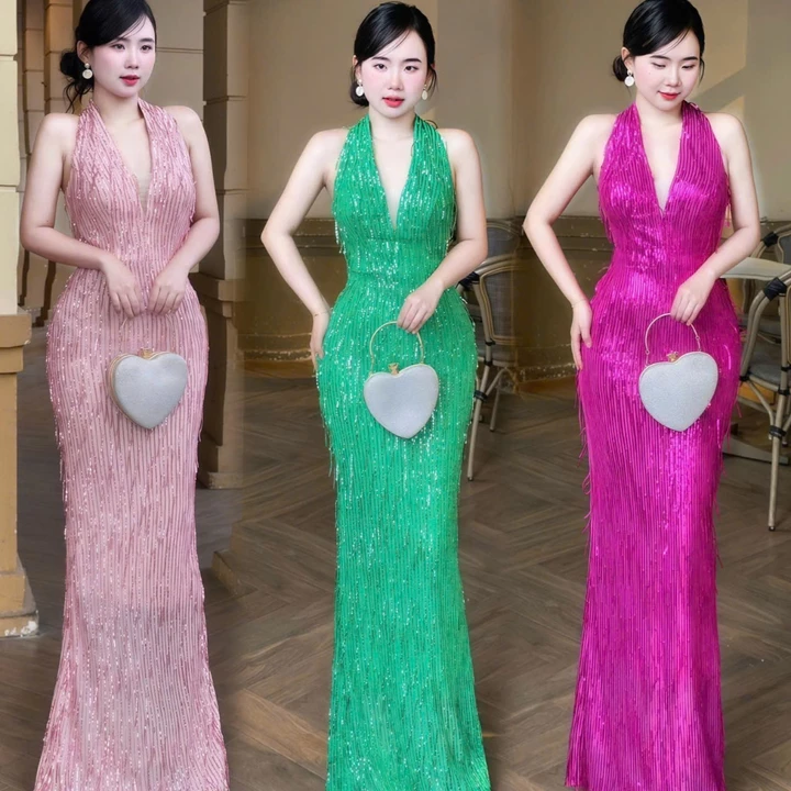 Đầm Dạ Hội Kim Sa Tua Rua Co Giãn Trẻ Trung, Váy Kim Sa Trung Niên Đi Tiệc Đi Sự Kiện Bigsize M116