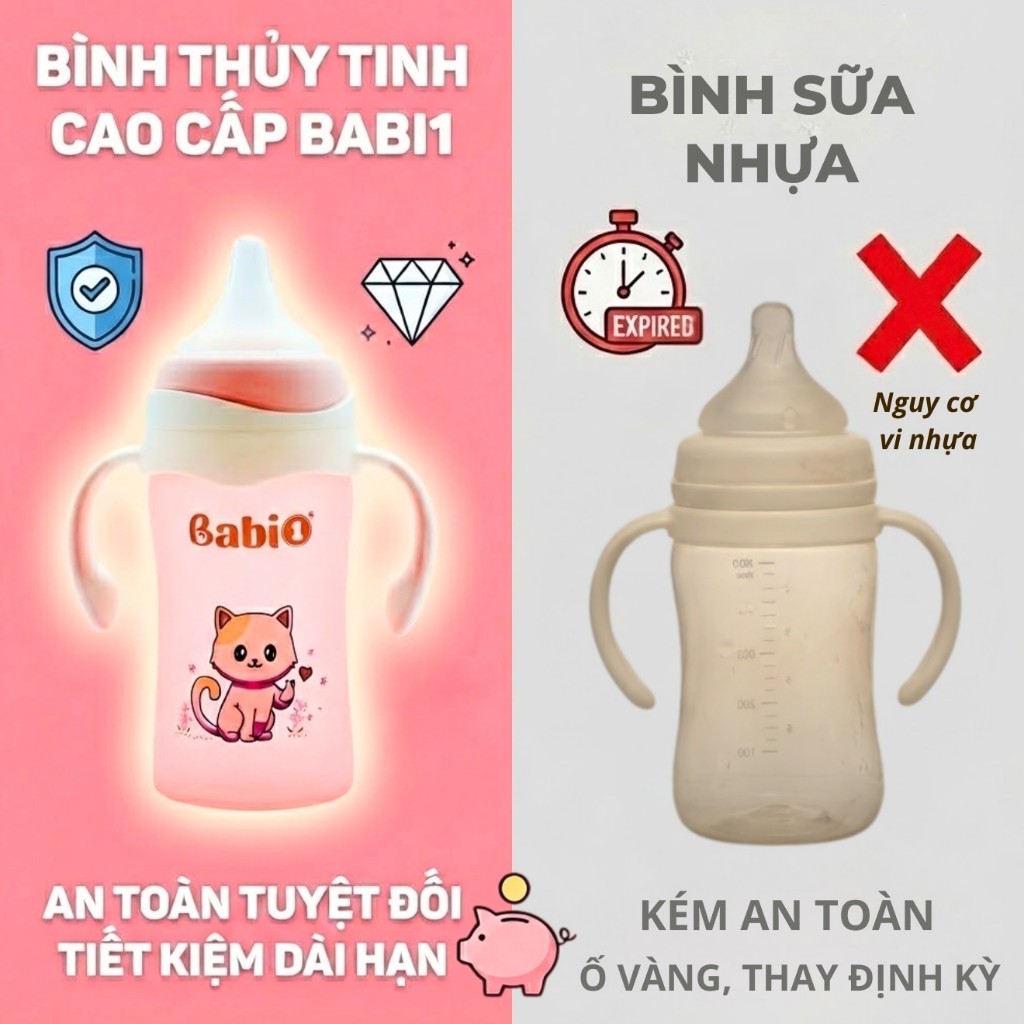 Bình sữa thủy tinh Babi1 240ml Cảm biến nhiệt - Bọc Silicon Chống Vỡ - Núm Chống Sặc (Tặng Tay Cầm)