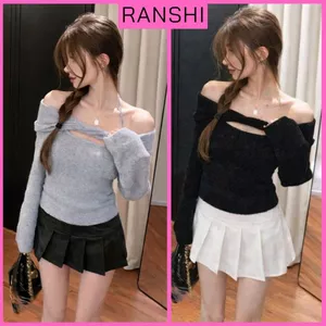 Áo Thun Trễ Vai Dài Tay Phối Dây Buộc Cổ RANSHI Xoắn Ngực Ôm Dáng Chất Len Lông Thỏ Mềm Ấm - RA352