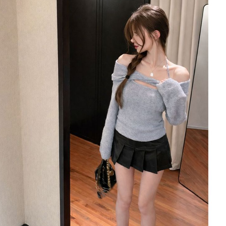 [CÓ SIZE] Áo Thun Trễ Vai Dài Tay Phối Dây Buộc Cổ RANSHI Xoắn Ngực Ôm Dáng Chất Len Lông Thỏ Mềm Ấm - RA352