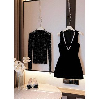 Tiny Lady Set Set áo lưới đá mix yếm nhung viền cườm  Form váy chiết eo dáng A tôn dáng