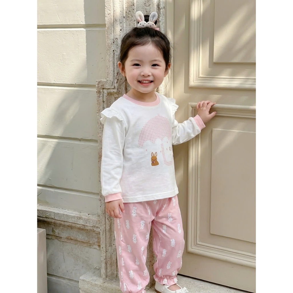 Set bộ dài tay bé gái Miniumbaby dáng cánh tiên hỉnh thỏ cute, chất cotton mềm mại thoáng mát SB2506