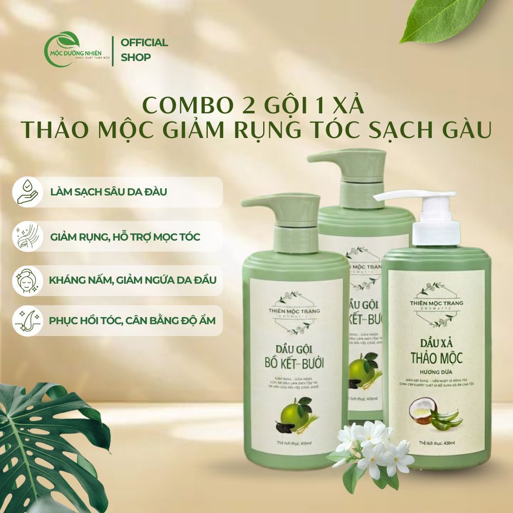Combo 2 Dầu Gội Thảo Mộc Bồ Kết – Bưởi & 1 Dầu Xả Hương Dừa 430ml – Sạch Gàu, Giảm Rụng Tóc, Tóc Mềm Mượt Không Bết