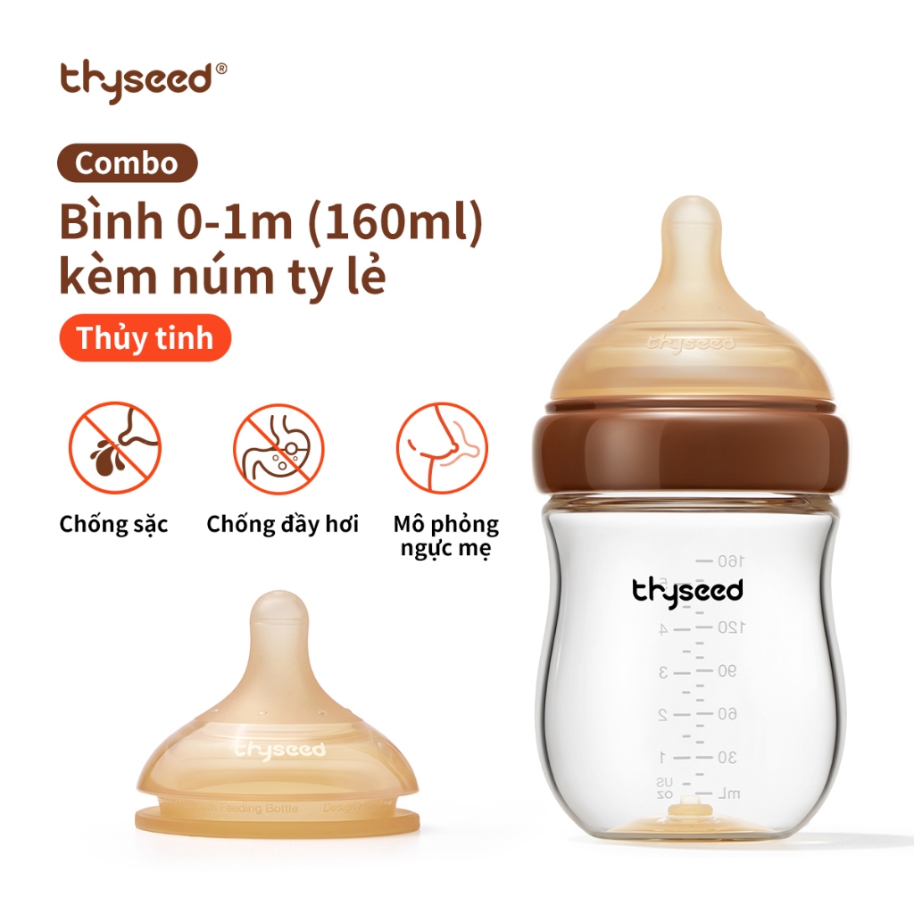 [Combo bình THỦY TINH 0-1m + núm lẻ] Bình sữa chống đầy hơi cho trẻ sơ sinh Thyseed núm ti siêu mềm