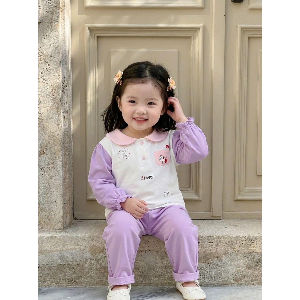 Set bộ dài tay bé gái cổ sen Miniumbaby in hình dễ thương bo ống tay áo, chất cotton mềm mịn SB2535