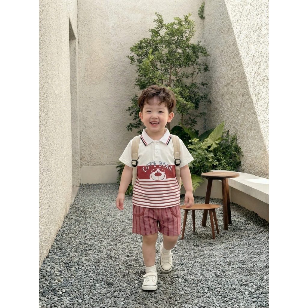 Set bộ polo cộc tay bé trai hình gấu cute kẻ ngang chất vải cotton mềm mại co giãn Miniumbaby SB2598