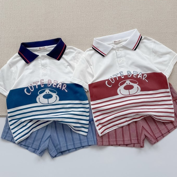 Set bộ polo cộc tay bé trai hình gấu cute kẻ ngang chất vải cotton mềm mại co giãn Miniumbaby SB2598
