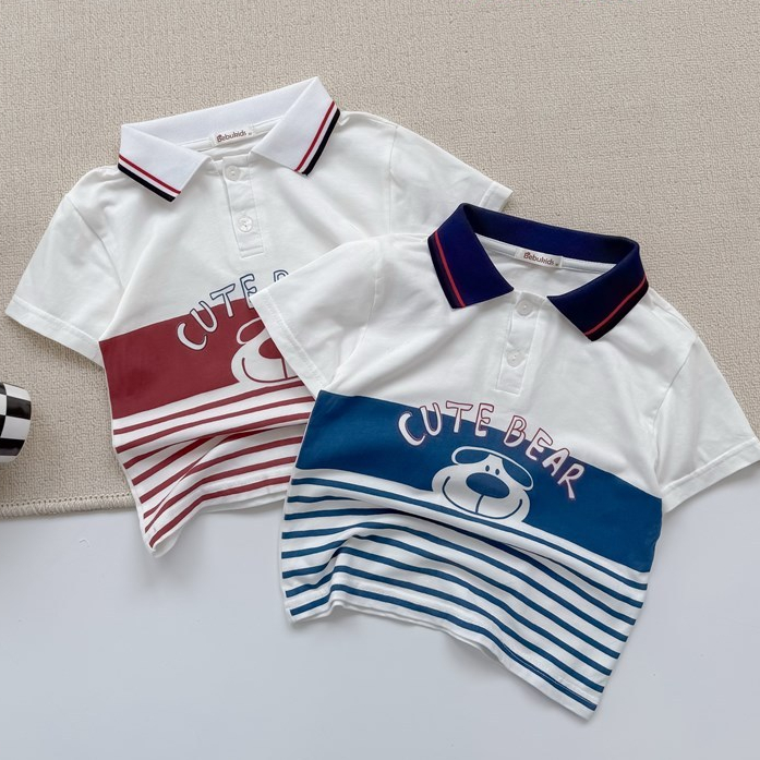 Set bộ polo cộc tay bé trai hình gấu cute kẻ ngang chất vải cotton mềm mại co giãn Miniumbaby SB2598