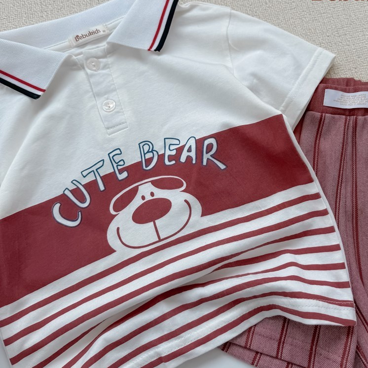 Set bộ polo cộc tay bé trai hình gấu cute kẻ ngang chất vải cotton mềm mại co giãn Miniumbaby SB2598