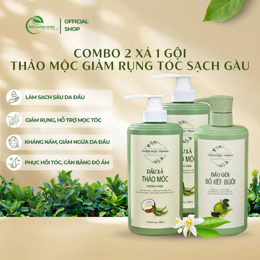 Combo 1 Dầu Gội Thảo Mộc Bồ Kết – Bưởi & 2 Dầu Xả Hương Dừa 430ml – Sạch Gàu, Giảm Rụng Tóc, Tóc Mềm Mượt Không Bết