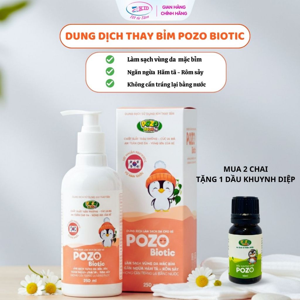 Dung dịch thay bỉm cho bé Pozo Biotic, không cần tráng nước, làm sạch, ngừa hăm hiệu quả 250ML