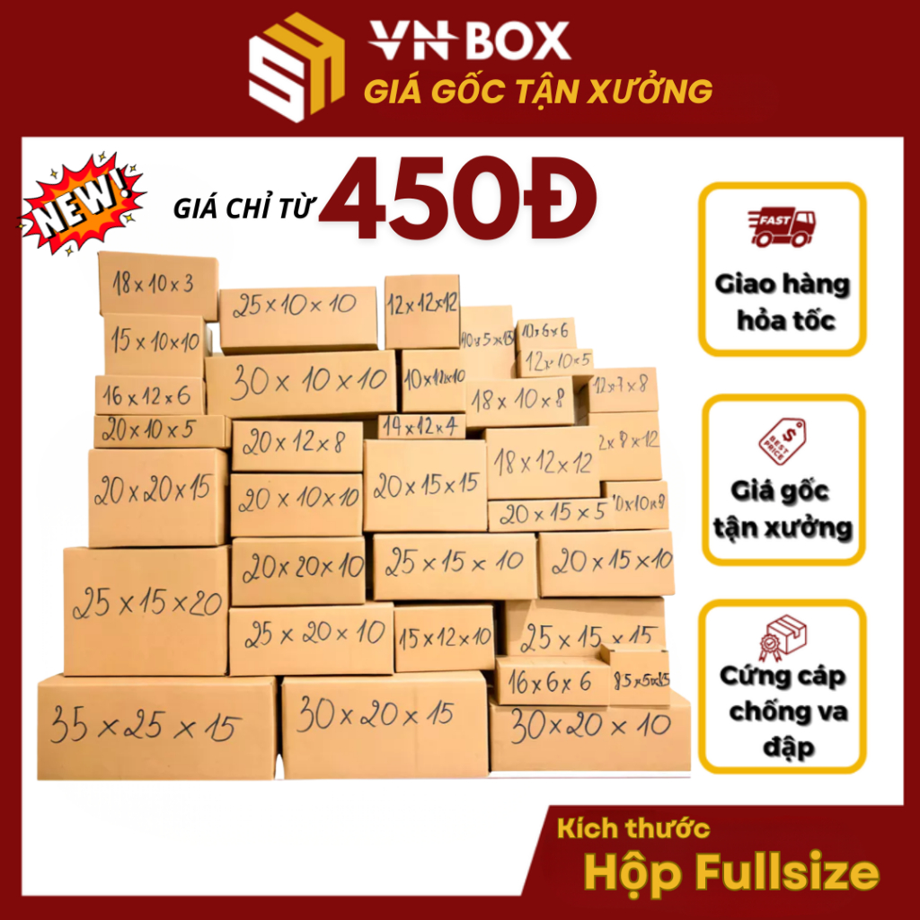 Combo 100 Hộp carton đối khẩu đóng hàng full size, hộp giấy carton nhiều kích thước giá rẻ - VN BOX