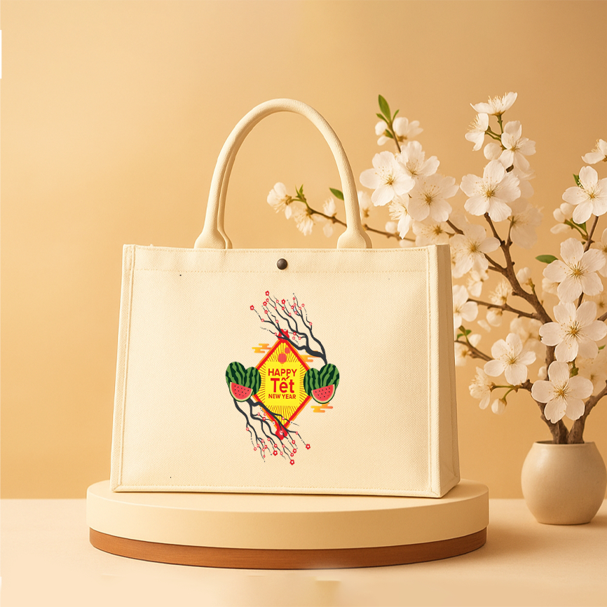 Túi cói Tết hoa đào Happy tết dưa hấu đỏ dùng du lịch đi chơi túi tote cứng vải đay kèm khóa size to form cứng tdaya0300