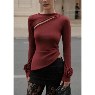 Áo Nữ TASHIG Tay Dài Phối Hoa Ôm Body Tà Lệch GOÛT DE JUN