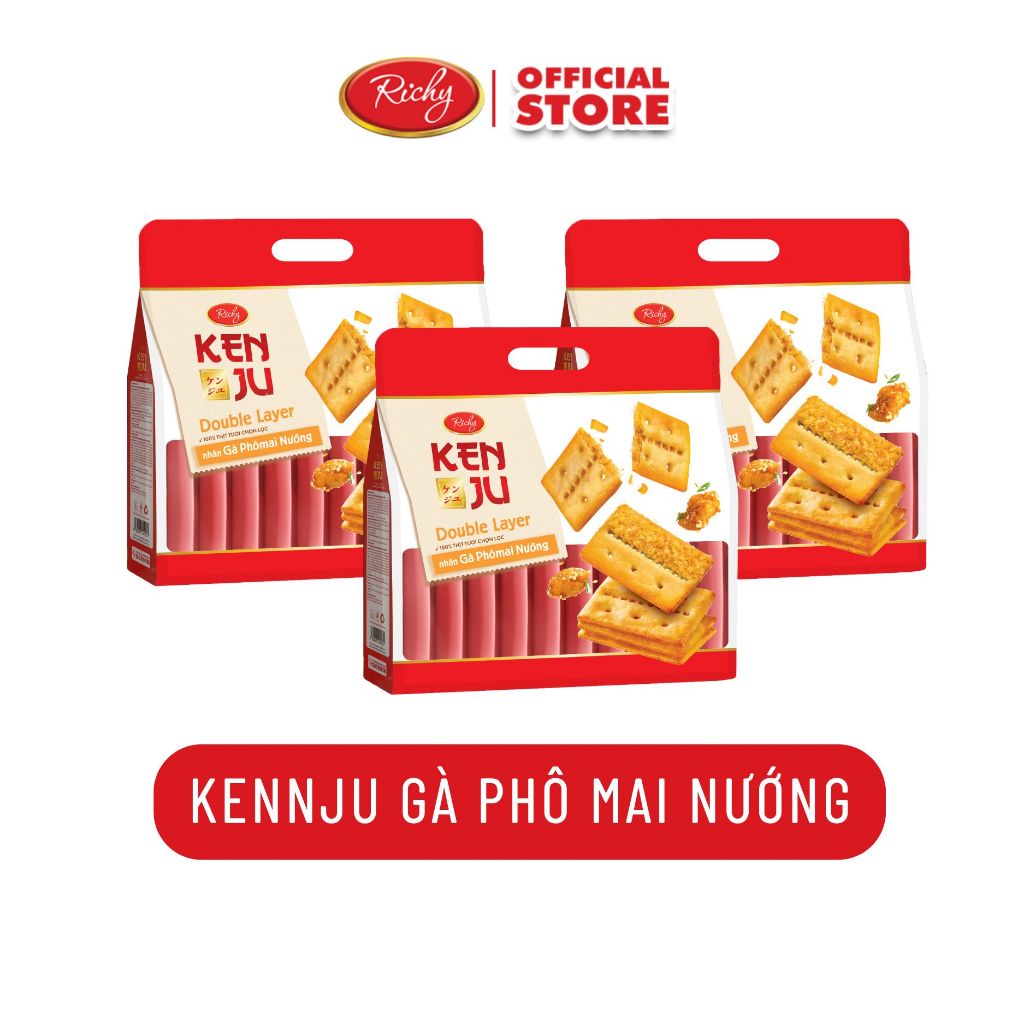 [MUA 2 TẶNG 1 QUẠT]Combo 3 Bịch Kenju Gà Nướng Phô Mai, Kenju 2 Lớp Chà Bông, Túi 216g, Bánh Kẹo RichyCombo 3 Bịch Kenju
