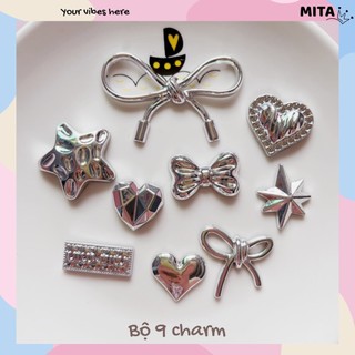 Bộ 9 Sticker, Charm 3D chủ đề Nơ bạc DIY gắn Dép Sục, Cá Sấu JB-240 Mita