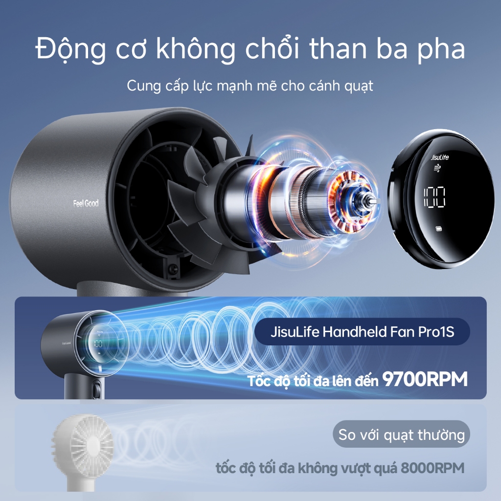 Quạt tay JisuLife Pro1/S siêu nhỏ gọn gió siêu mạnh pin trâu 100 cấp độ điều chỉnh màn hình LED sạc điện để bàn dã ngoại