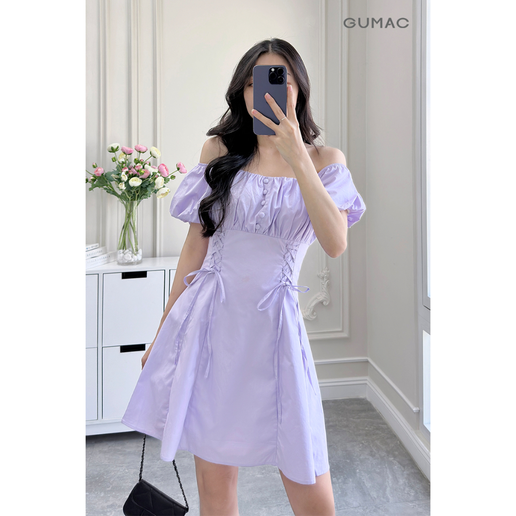 Đầm Nữ Form A Xòe Ngắn GMORNING - GUMAC Kiểu Trễ Vai Phối Thắt Dây Eo Tôn Dáng YDE12060