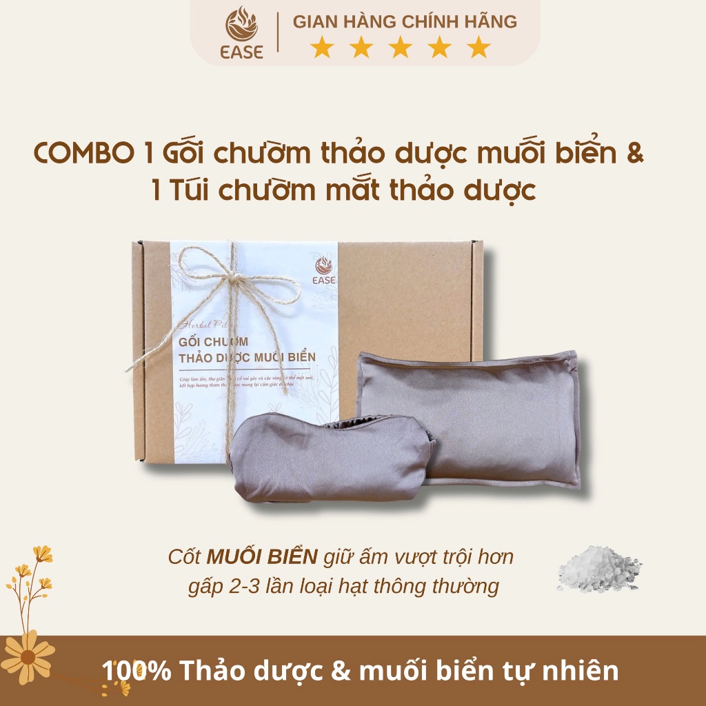 Combo Gối Chườm & Túi Chườm Mắt Thảo Dược Muối Biển EASE – Giảm Đau Mỏi, Ngủ Ngon, Thư Giãn