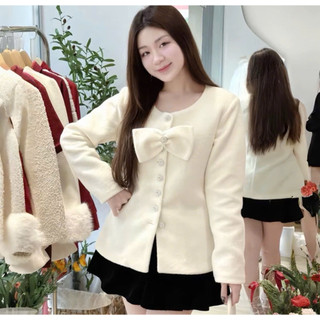 [S2.4274] Set Áo Dạ Len Lông Cừu Cúc Đá Kèm Nơ Tháo Rời Mix Quần Nhung Cạp Cao