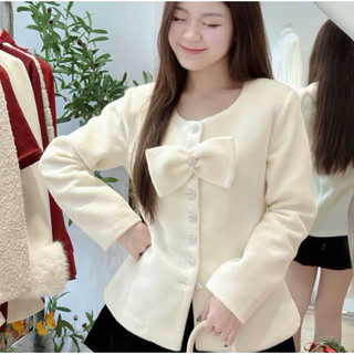 [S2.4274] Set Áo Dạ Len Lông Cừu Cúc Đá Kèm Nơ Tháo Rời Mix Quần Nhung Cạp Cao