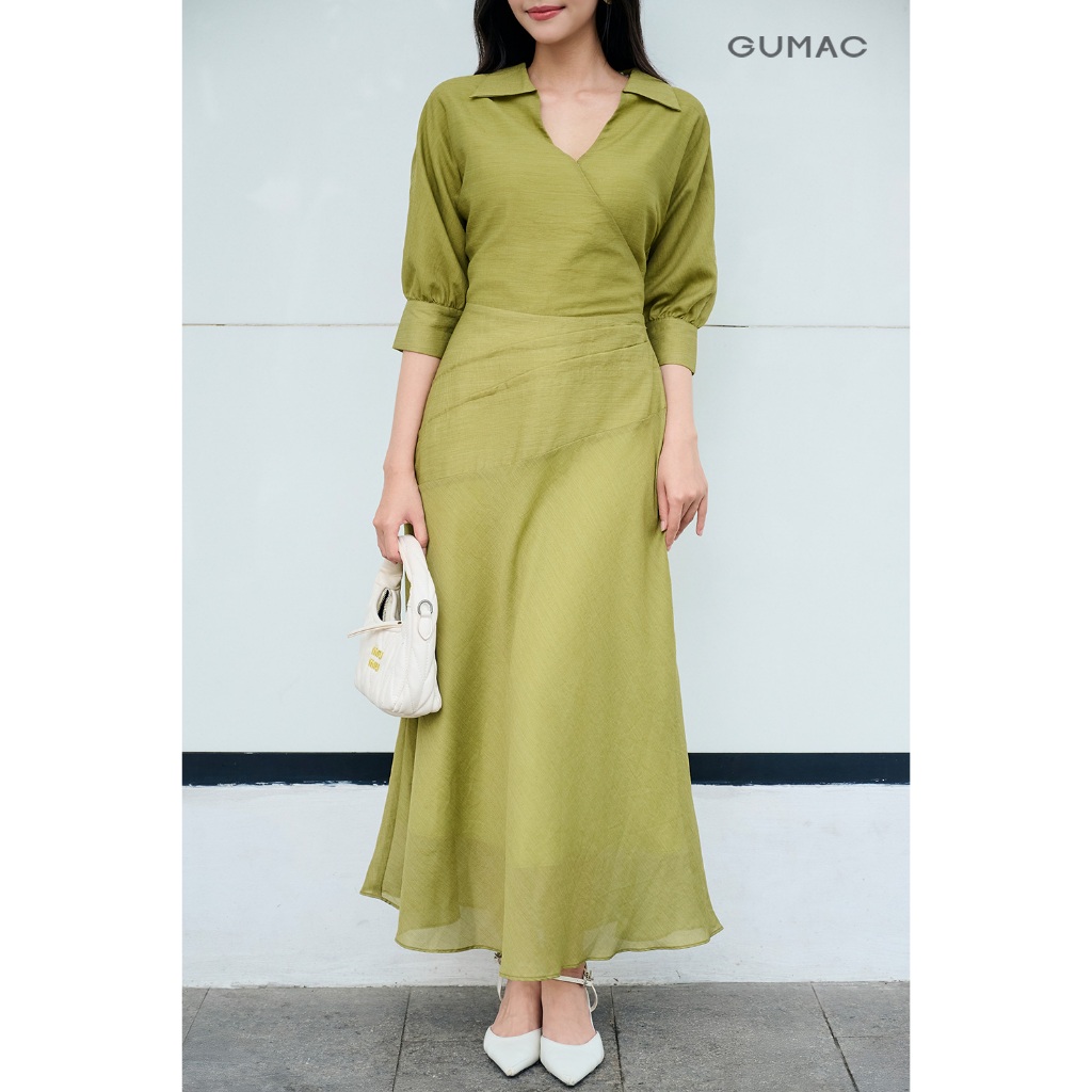 Đầm Nữ Dáng A Xòe GUMAC Tay Lỡ Chất Tơ Linen 2 Lớp Phối Eo Xếp Ly Không Túi DF12065