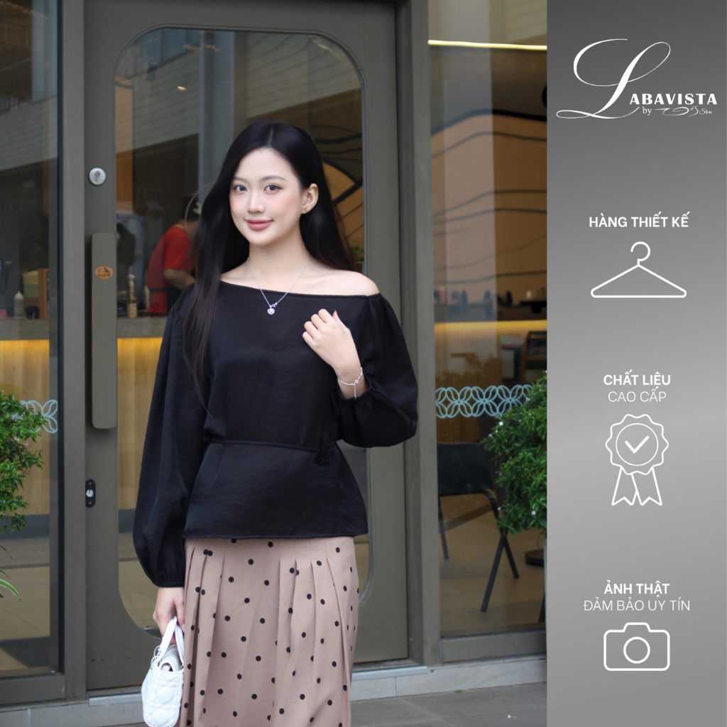 LABAVISTA Áo lệch vai vải tơ nến kèm belt hoa phong cách trẻ trung thanh lịch 2 màu đen và trắng