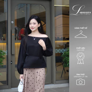 LABAVISTA Áo lệch vai vải tơ nến kèm belt hoa phong cách trẻ trung thanh lịch 2 màu đen và trắng