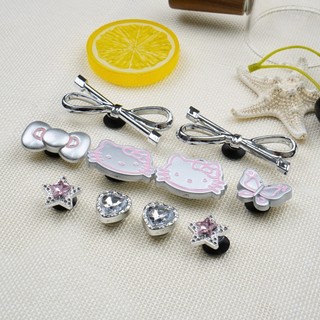 Bộ 10 Sticker, Charm 3D chủ đề Mèo nơ bạc nhựa cứng gắn Dép Sục, Cá Sấu JB-331 Mita