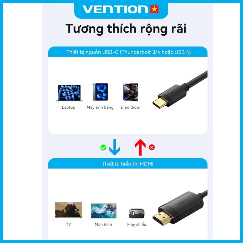 Cáp Chuyển Đổi Type C sang HDMI Vention 4K 60Hz Tương Thích Giữa Điện Thoại Máy Tính TV