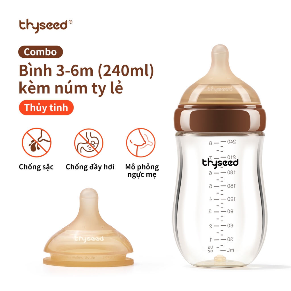 [Combo bình THỦY TINH 3-6m + núm lẻ] Bình sữa chống đầy hơi cho trẻ sơ sinh Thyseed núm ti siêu mềm