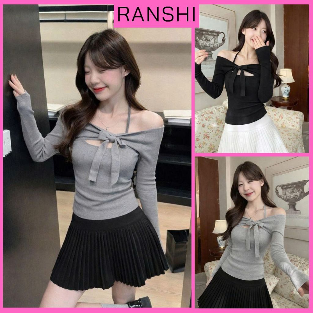 [CÓ SIZE] Áo Thun Trễ Vai Dài Tay Nơ Ngực RANSHI Buộc Cổ Ôm Dáng Chất Len Lông Thỏ Mềm Ấm - RA353