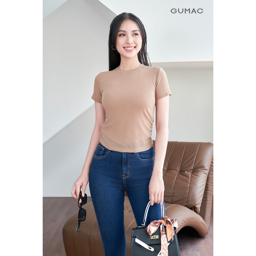 Áo Thun Nữ Cổ Tròn GUMAC Kiểu Nhún Sườn Chất Thun Tổ Ong Co Giãn ATE04009