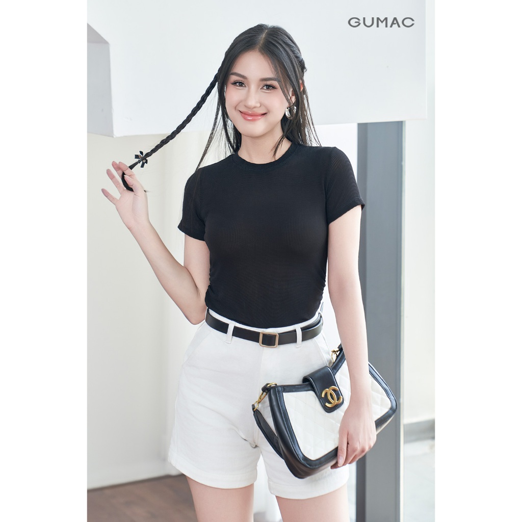 Áo Thun Nữ Cổ Tròn GUMAC Kiểu Nhún Sườn Chất Thun Tổ Ong Co Giãn ATE04009