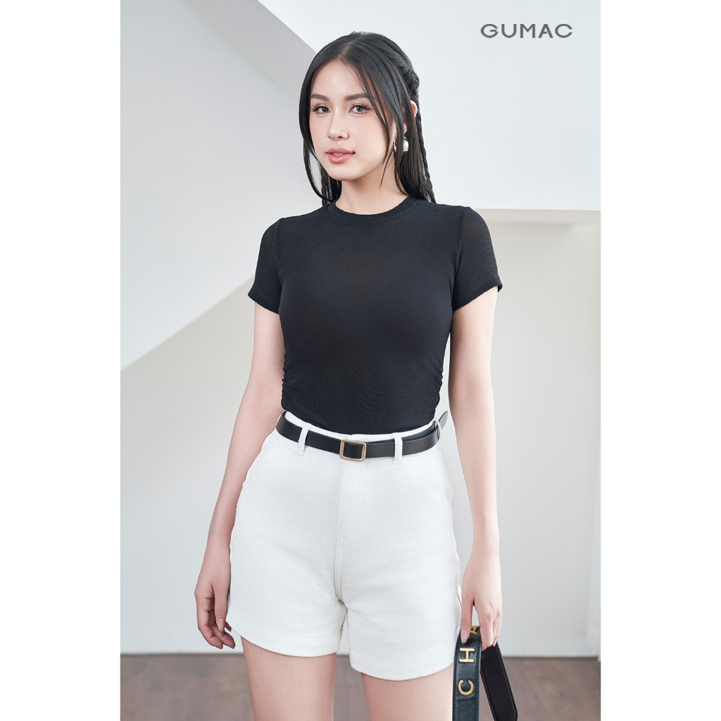 Áo Thun Nữ Cổ Tròn GUMAC Kiểu Nhún Sườn Chất Thun Tổ Ong Co Giãn ATE04009